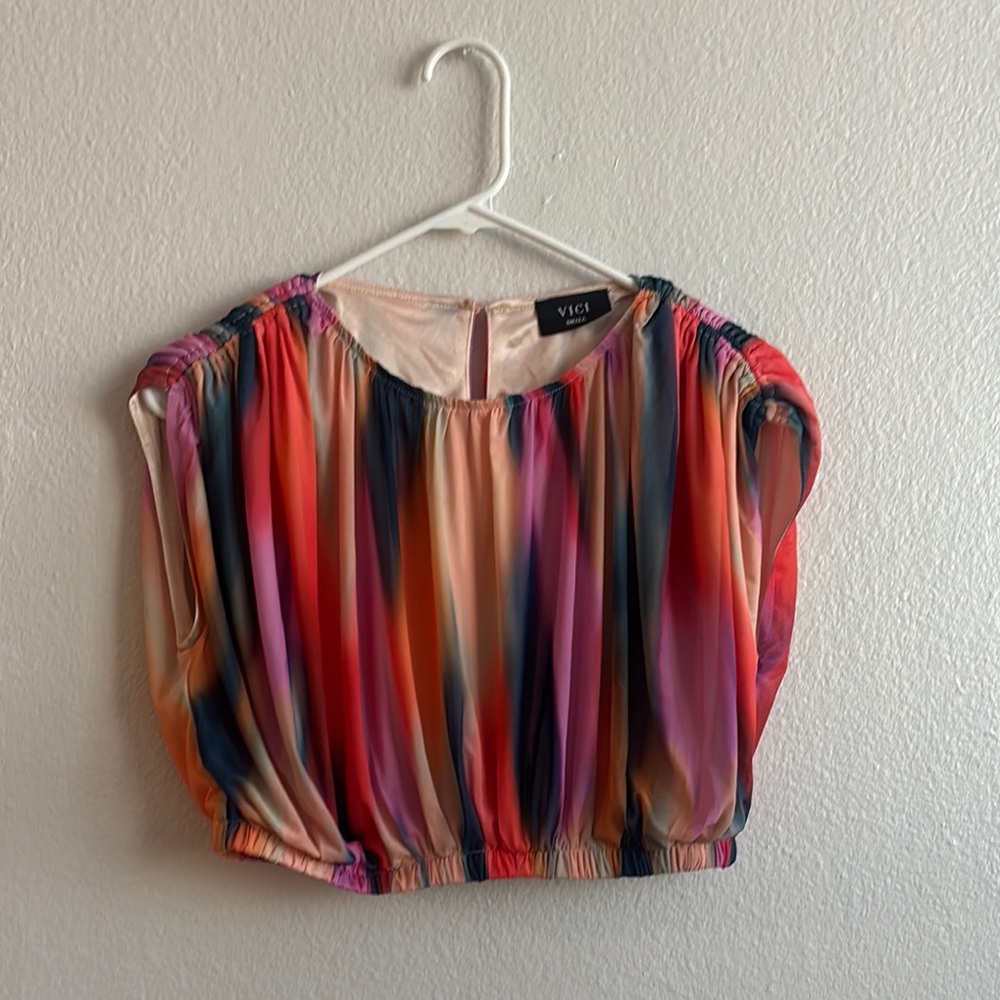 VICI Multicolor Striped Silk-Feel Blouson Top - Coral, Pink, Navy